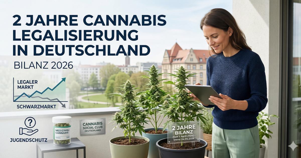 2 Jahre nach der Cannabis Legalisierung in Deutschland – Was hat sich verändert? Titelbild zur Bilanz: 2 Jahre nach der Cannabis-Legalisierung in Deutschland (2026). Eine Frau neben legalem Eigenanbau auf dem Balkon mit Infografiken zu Schwarzmarkt-Entwicklung und Jugendschutz.