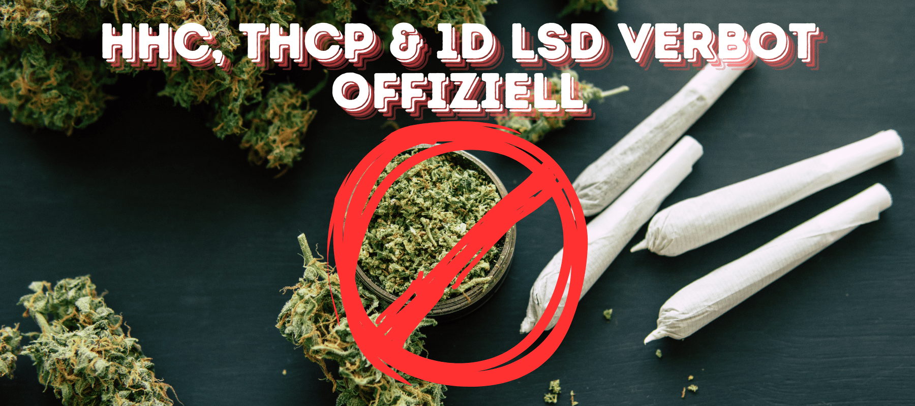 HHC, THCP und 1D-LSD Verbot in Deutschland ab 14. Juni 2024 Offiziell! Im Hintergrund sind Cannabisblüten und Joints und vorne ist ein Verbotszeichen und oben steht HHC THCP & 1D LSD Verbot