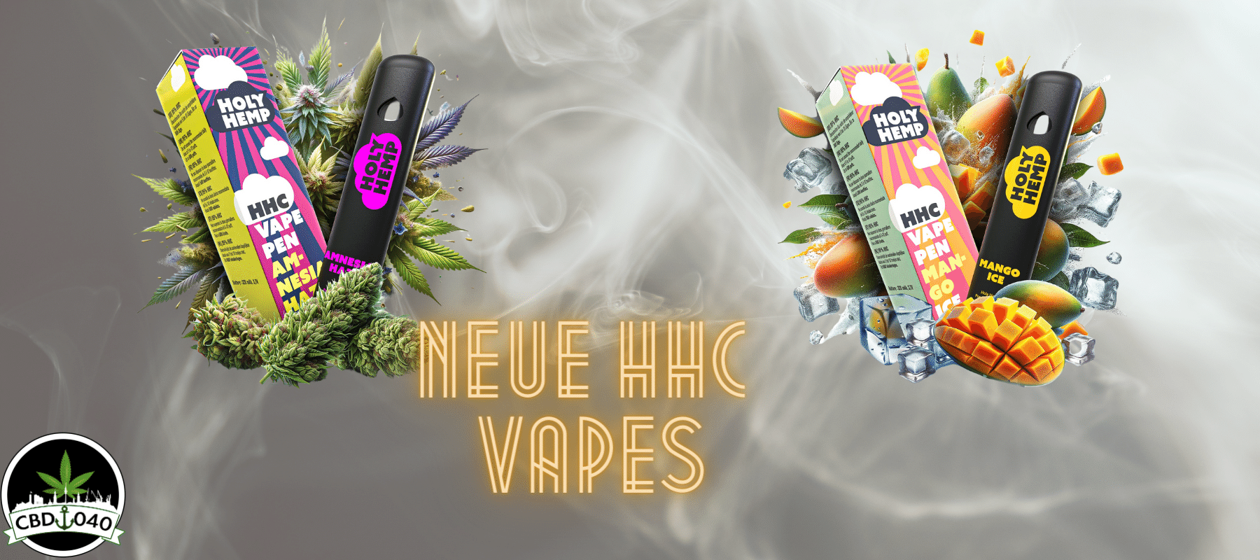 Entdecken Sie die Kraft der HHC Vapes mit 95% HHC von CBD 040 HHC Vapes mit 95% HHC Banner von CBD 040 mit Rauch im Hintergrund und CBD 040 Logo