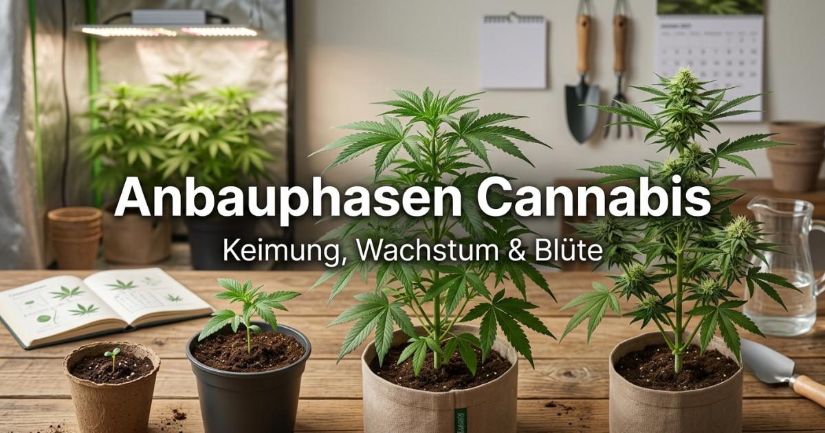 Anbauphasen Cannabis: Von Keimung bis Blüte richtig verstehen Anbauphasen von Cannabis im Homegrow: Eine visuelle Timeline vom Keimling über die Wachstumsphase bis zur Pflanze in der Blüte.