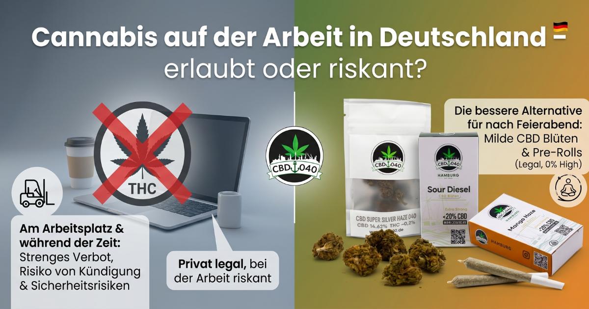 Cannabis auf der Arbeit in Deutschland – erlaubt oder riskant? Infografik zum Thema Cannabis am Arbeitsplatz in Deutschland. Links ein durchgestrichenes THC-Symptom im Büro, rechts legale CBD-Blüten von CBD040 als Alternative.