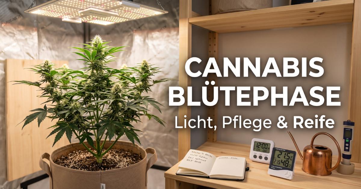 Cannabis Blütephase: Was jetzt bei Licht, Pflege und Reife wichtig ist Eine gesunde Cannabispflanze in der Indoor-Blütephase unter einer LED-Grow-Lampe mit Zubehör wie Hygrometer und Notizbuch.