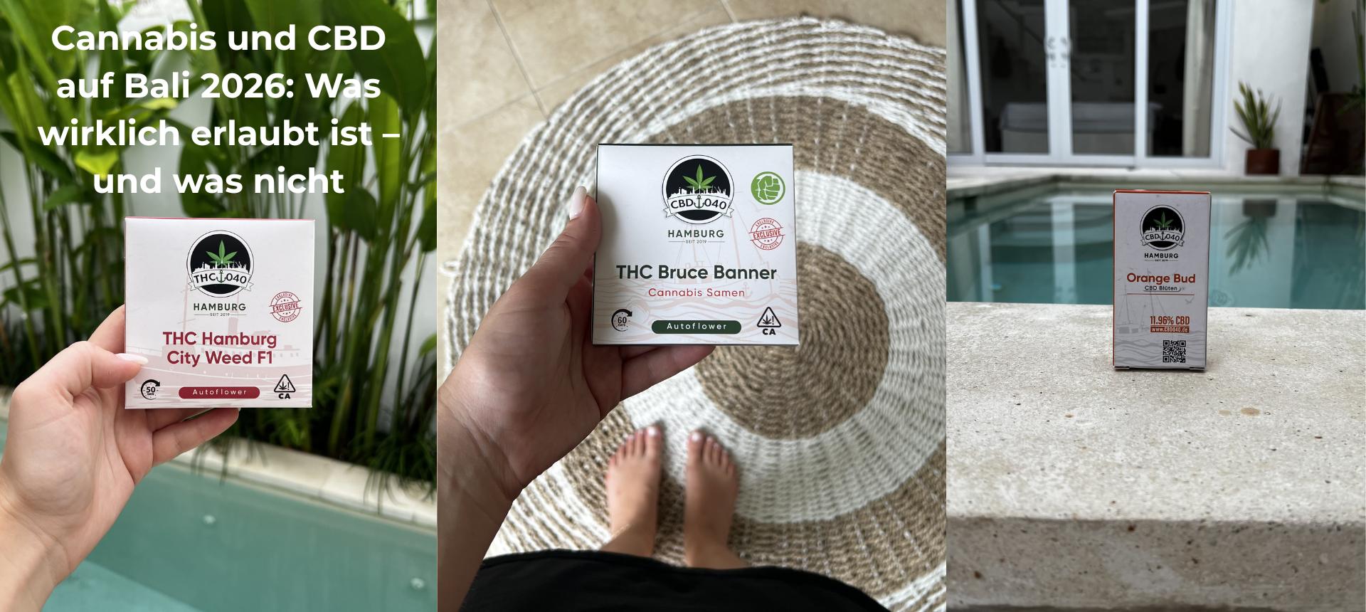 Cannabis und CBD auf Bali 2026: Was wirklich erlaubt ist – und was nicht Cannabis und CBD auf Bali 2026 – Was wirklich erlaubt ist und was nicht. Produktverpackungen von CBD040 Cannabis-Samen und CBD-Blüten vor einer tropischen Villa mit Pool.