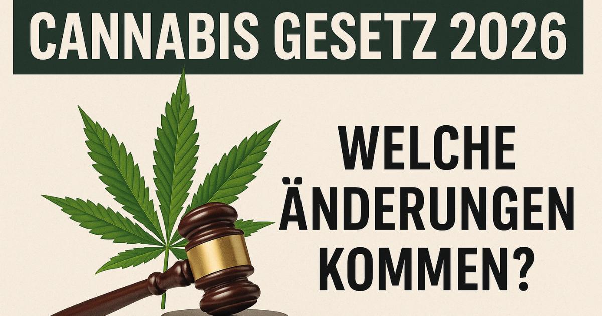 Cannabis Gesetz 2026: Welche Änderungen kommen? – Analyse & Prognose Cannabis Gesetz 2026 – Darstellung der gesetzlichen Änderungen mit Cannabisblatt und Richterhammer, Fokus auf neue Regeln und Telemedizin-Verbot