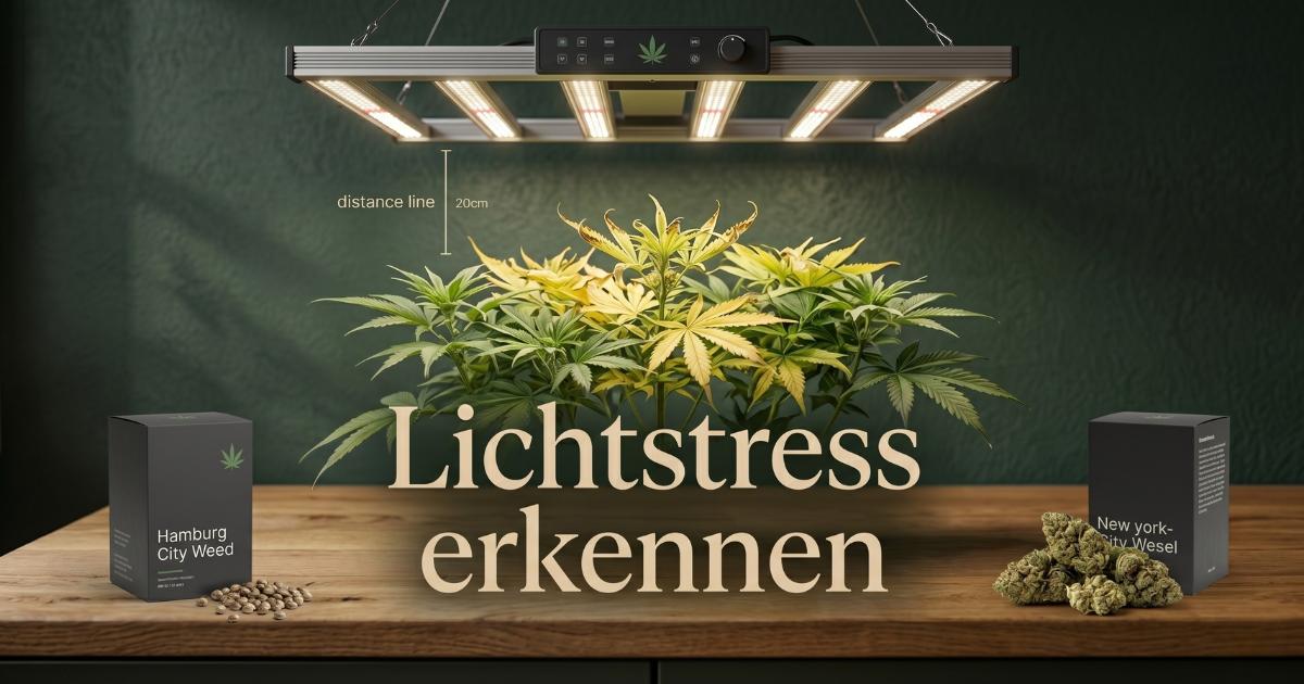 Cannabis zu viel Licht: Lichtstress, Lichtbrand und typische Fehler beim Anbau erkennen Ein professionelles Blog-Titelbild zum Thema Eigenanbau: Eine Cannabis-Pflanze unter einer LED-Grow-Lampe zeigt gelbliche Blätter durch Lichtstress, mit dem großen Titel „Lichtstress erkennen“.