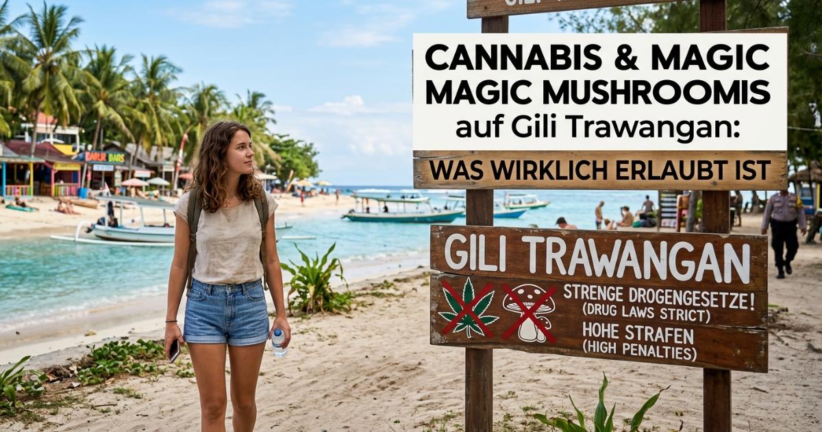Cannabis & Magic Mushrooms auf Gili Trawangan: Was wirklich erlaubt ist Eine Reisende am tropischen Strand von Gili Trawangan neben einem Holzschild mit Warnungen zu den strengen Gesetzen für Cannabis und Magic Mushrooms.