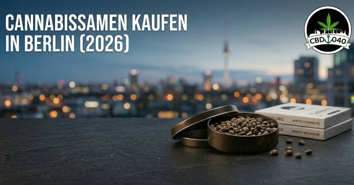 Cannabissamen kaufen in Berlin 2026: Lokale Shops, Qualität und die beste Online-Alternative Cannabissamen kaufen in Berlin: Hochwertige Hanfsamen in edler Metalldose und CBD040-Samenverpackungen vor der Berliner Skyline mit Fernsehturm.
