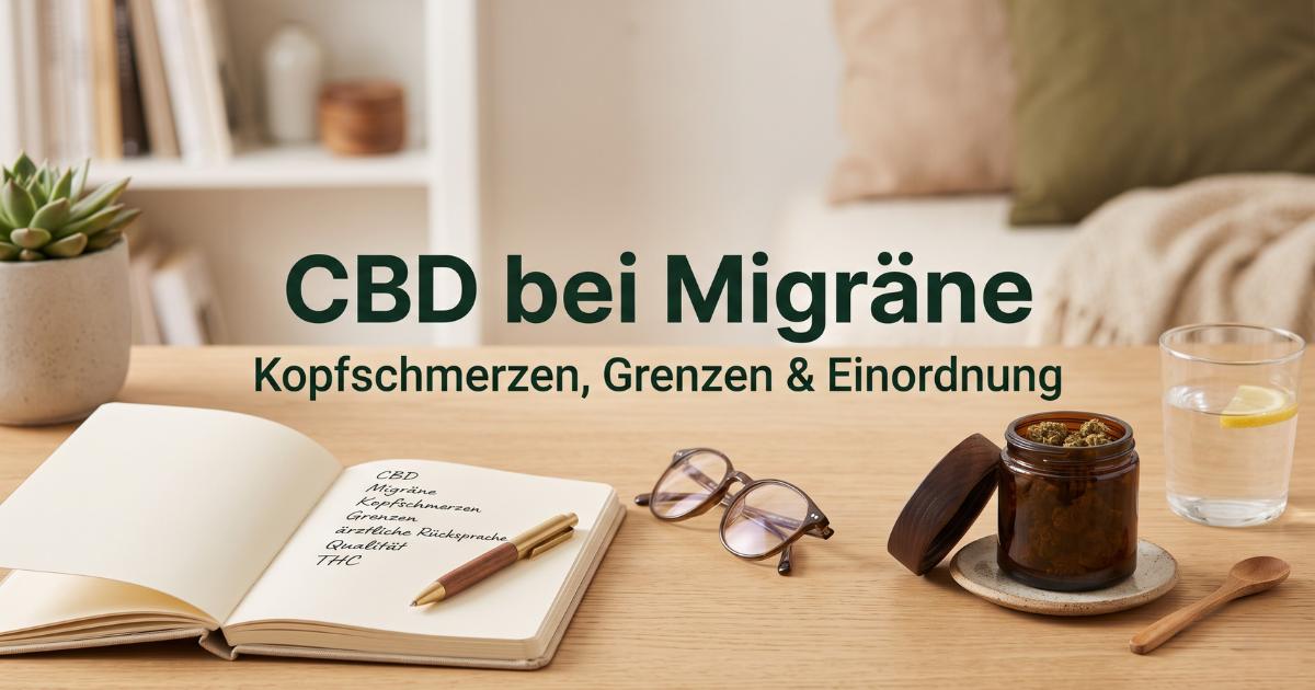 CBD bei Migräne: Was du über CBD, Kopfschmerzen und Grenzen wissen solltest Heller, moderner Schreibtisch mit einem Notizbuch, einer Brille und CBD-Blüten sowie dem Text ‚CBD bei Migräne – Kopfschmerzen, Grenzen & Einordnung‘ als Shopify-Blog-Titelbild für cbd040.