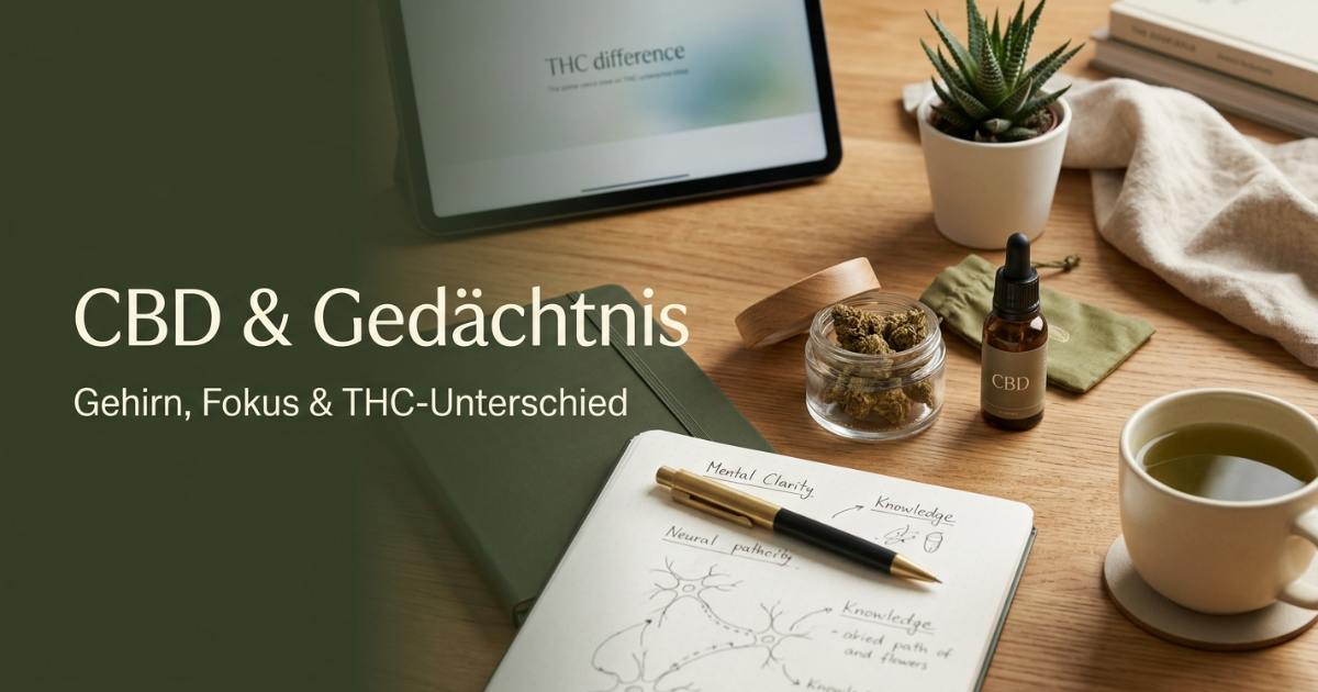Einfluss von CBD auf das Gedächtnis: Was du über CBD, Gehirn, Fokus und Grenzen wissen solltest Ein moderner, ästhetischer Schreibtisch mit Notizbuch, einer Tasse Tee und CBD-Blüten im Glas. Eingeblendeter Text: CBD & Gedächtnis – Gehirn, Fokus & THC-Unterschied.