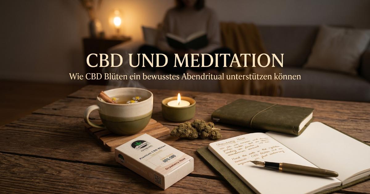 CBD und Meditation: Wie CBD Blüten ein bewusstes Abendritual unterstützen können Eine gemütliche Abendroutine auf einem Holztisch mit einer brennenden Kerze, einer Tasse Tee und hochwertigen CBD Blüten zur Unterstützung von Meditation und Achtsamkeit.