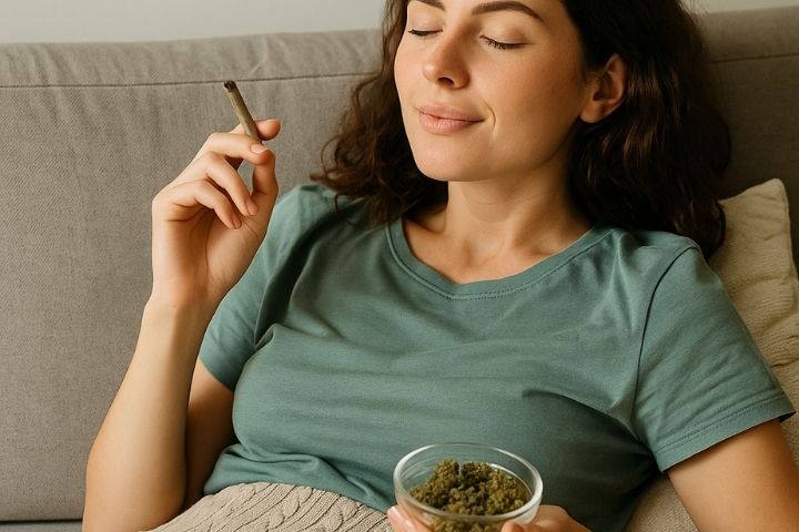 CBD Blüten bei Menstruationsbeschwerden: Wie natürliches CBD Gras helfen kann bei Regelschmerzen Frau entspannt mit CBD Blüten bei Regelschmerzen
