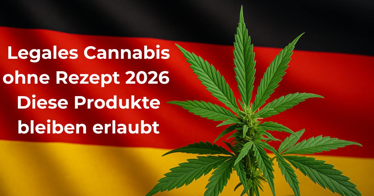 Legales Cannabis ohne Rezept 2026 kaufen – diese Produkte bleiben erhältlich Legales Cannabis 2026 ohne Rezept in Deutschland – Cannabis Pflanze vor deutscher Flagge, Übersicht der legal erhältlichen Produkte.