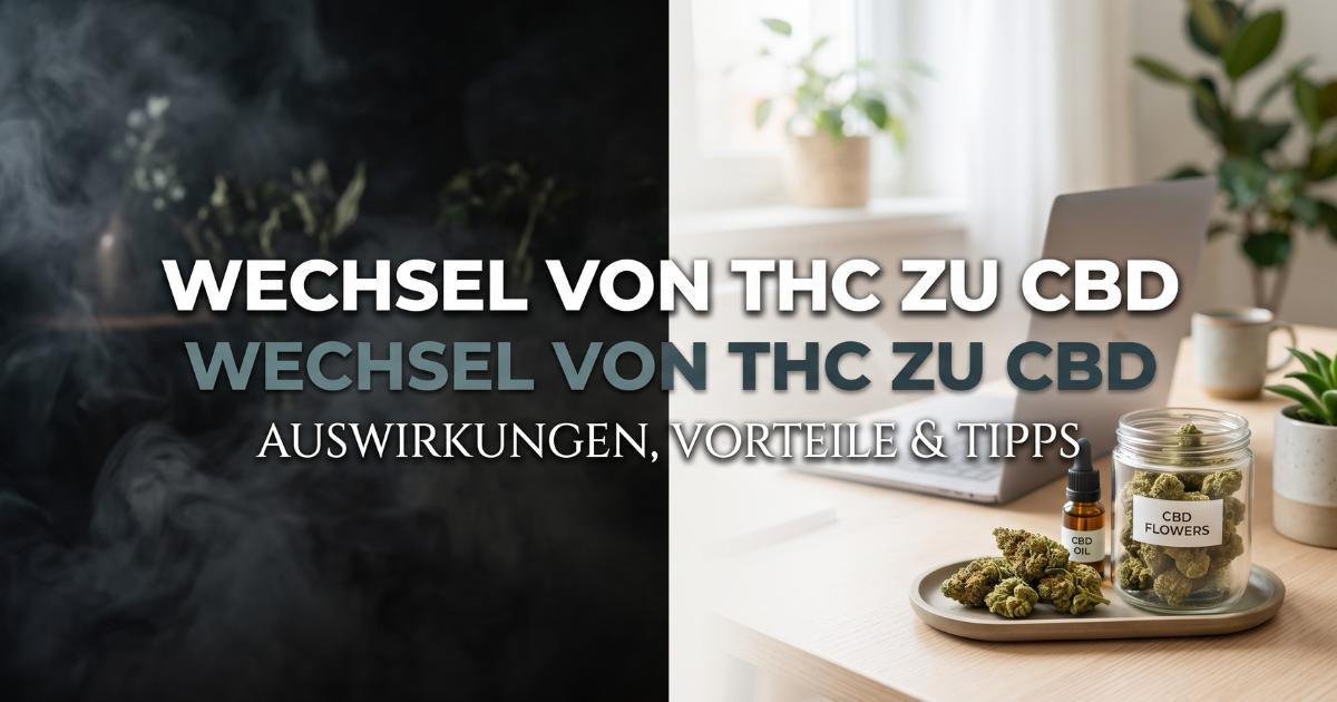 Wechsel von THC zu CBD: Auswirkungen, Vorteile & Tipps für den Umstieg Split-Screen-Titelbild zum Wechsel von THC zu CBD mit einem hellen, aufgeräumten Schreibtisch und CBD-Blüten im Glas für mehr Klarheit im Alltag.