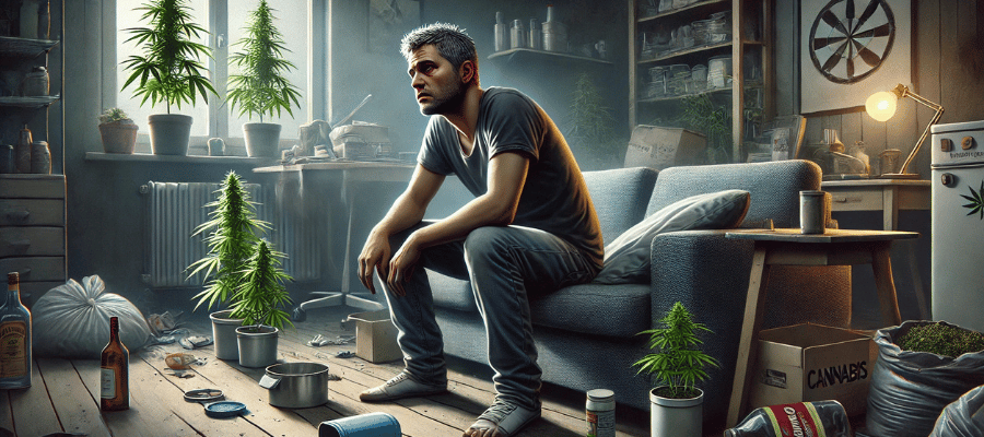 Die unterschätzte Gefahr von THC: Wie Cannabis dein Leben kontrolliert – und wie du mit CBD rauskommst Ein Mann der Cannabis Abhängig ist und jetzt depressiv ist