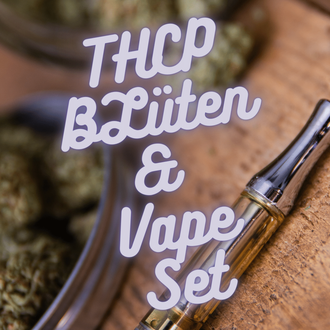 THCP Blüten & Vape Set Strong - 15% THCP Vape - 10% THCP Blüten - 3 verschiedene Sorten Hintergrund sind Cannabis Blüten und daneben ein THCP Vape Pen und vorne steht THCP Blüten & Vape Set