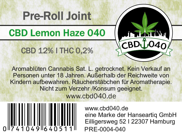 Pre-Roll CBD Cannabis Joint Lemon Haze 040 - CBD 12% - fertig gerollt - Nikotinfrei - Tabakfrei Pre-Roll CBD Cannabis Joint Lemon Haze 040 - CBD 12% - fertig gerollt - Nikotinfrei - Tabakfrei
