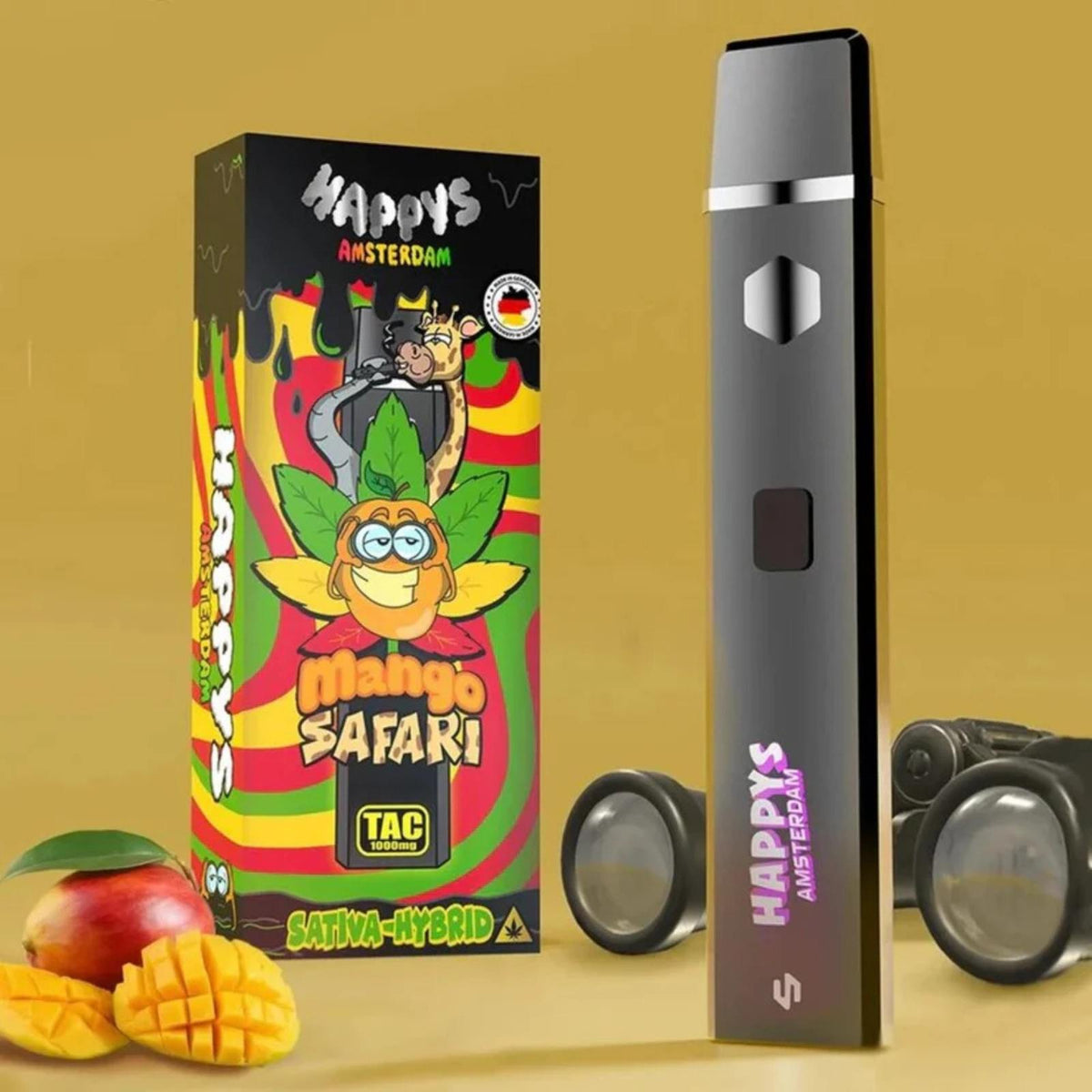 Vorderansicht des Premium TAC Vape Mango (Sativa Hybrid) mit 1000 mg Diamond TAC als direkt einsatzbereiter Einweg-Vape für den Tag. Vorderansicht des Premium TAC Vape Mango (Sativa Hybrid) mit 1000 mg Diamond TAC als direkt einsatzbereiter Einweg-Vape für den Tag.