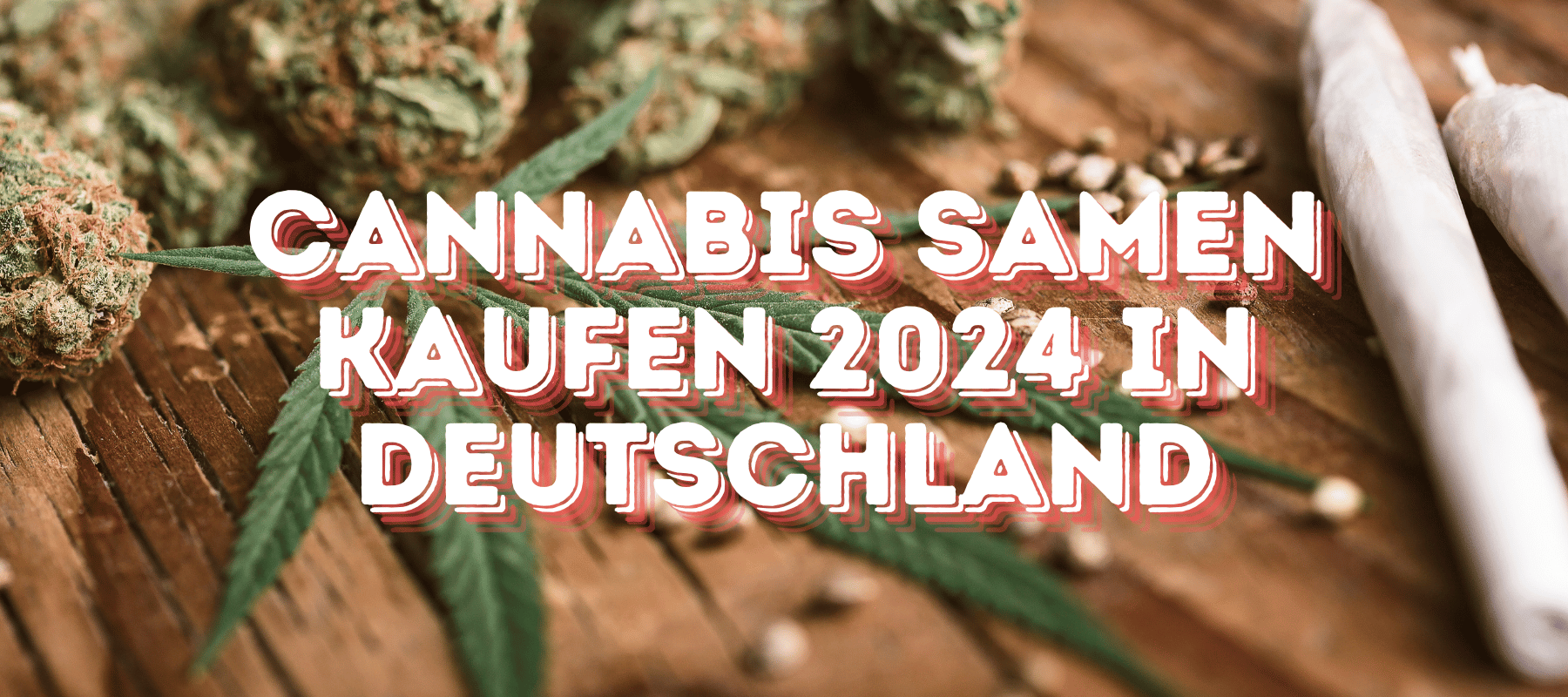 Im Hintergrund sind Cannabis Blüten Cannabis Samen Cannabis Joint und eine Cannabis Pflanze auf einem Holzboden und vorne steht Cannabis Samen kaufen 2024 in Deutschland