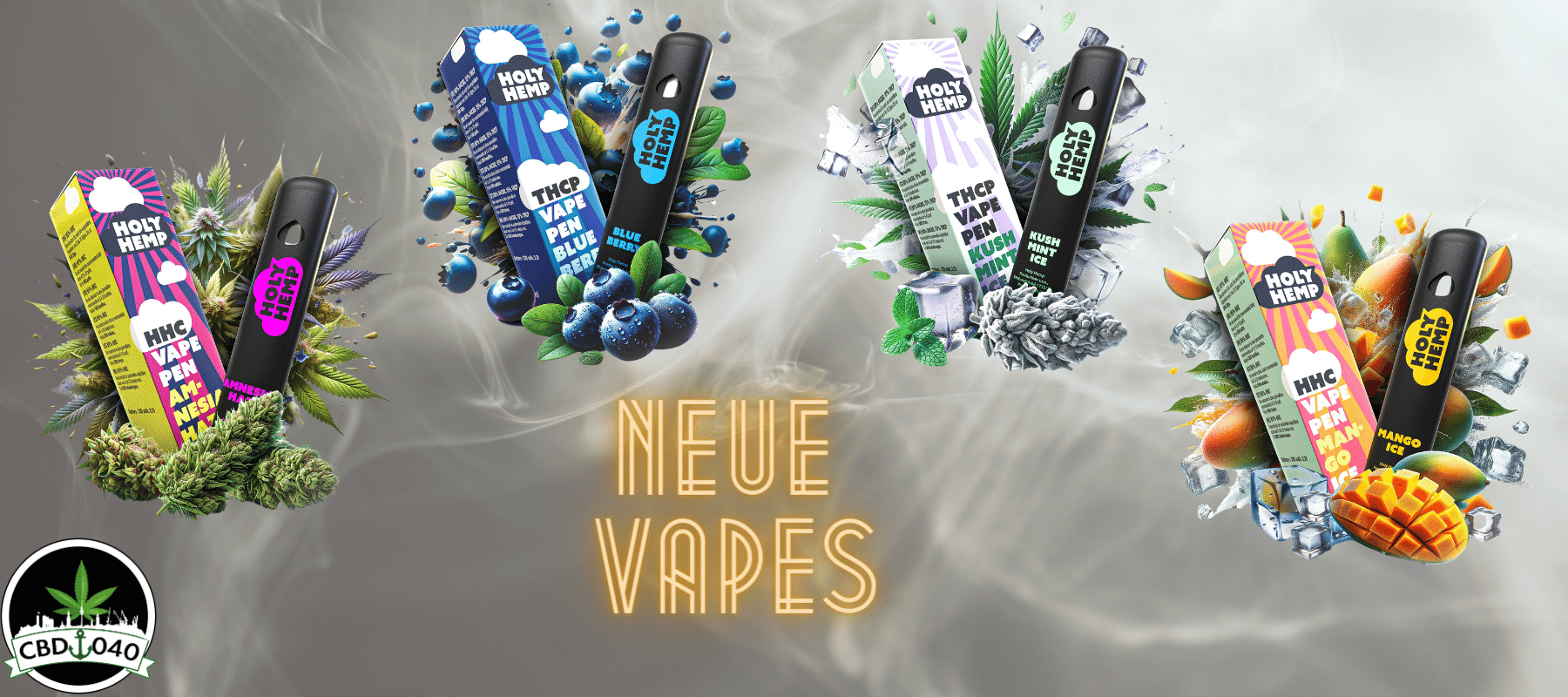 Banner mit Rauch im Hintergrund wo die neuen THCP Vape Pens und HHC Vape Pens von CBD 040 vorgestellt werden