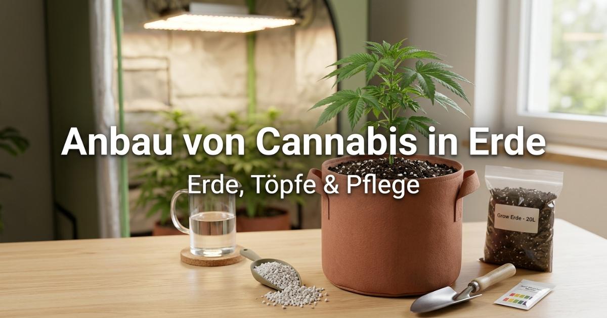 Eine gesunde junge Cannabispflanze im Stofftopf mit Erde, umgeben von Homegrow-Zubehör wie einer Schaufel und Perliten für den Eigenanbau.