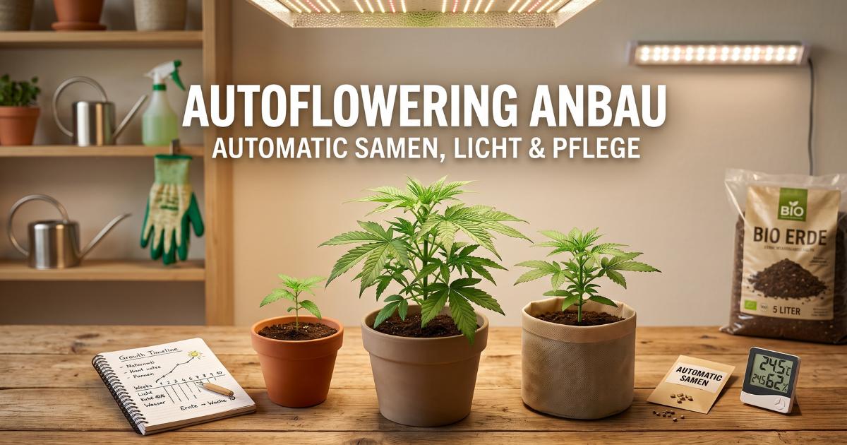 Ein aufgeräumter, moderner Homegrow-Arbeitsbereich mit jungen Cannabispflanzen in Töpfen, einem Grow-Zeitplan und dem Text: Autoflowering Anbau – Automatic Samen, Licht & Pflege.