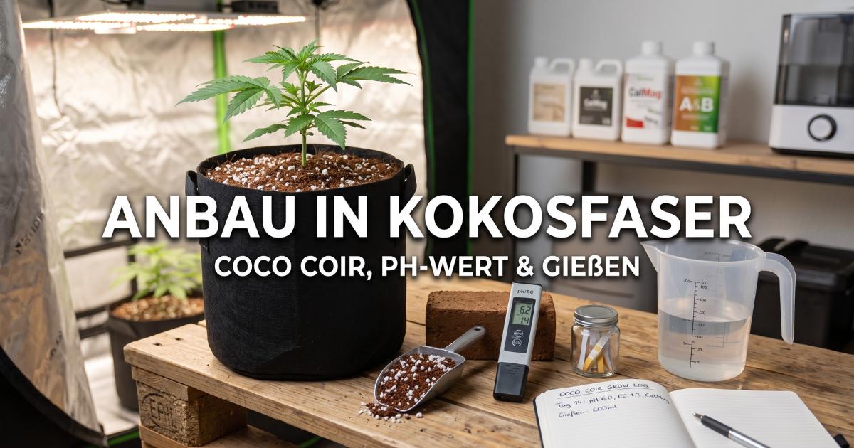 Ratgeber zum Cannabis-Anbau in Kokosfaser: Junge Cannabispflanze in Coco Coir mit pH-Messgerät und Gießwasser auf einem Homegrow-Arbeitsplatz.