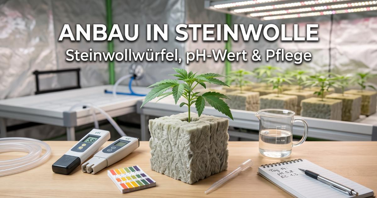 Eine gesunde junge Cannabispflanze wächst in einem Steinwollwürfel in einem sauberen Indoor-Grow-Bereich mit pH-Messgerät und Nährlösung.
