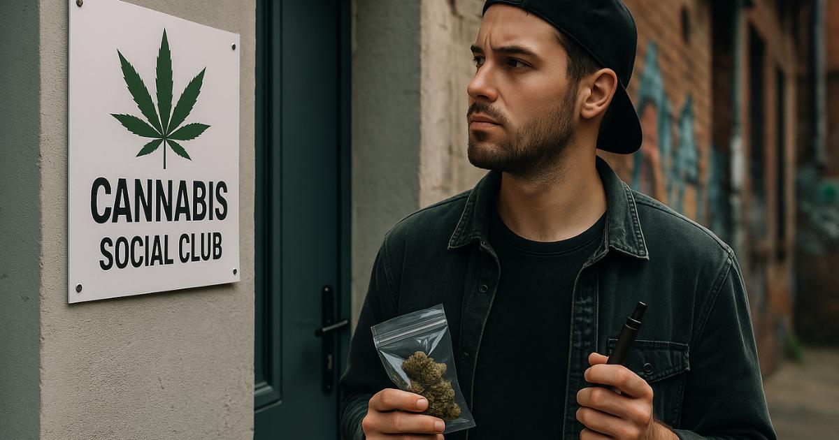 Junger Mann steht vor einem Cannabis Club in Deutschland im Jahr