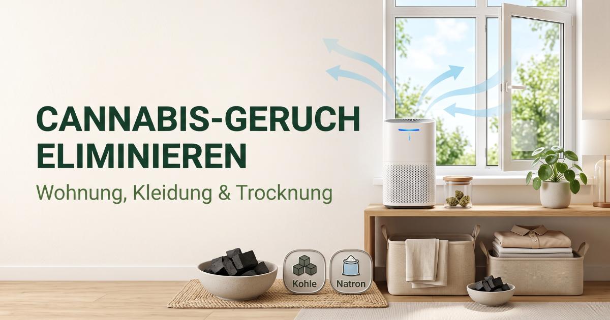Helles, modernes Wohnzimmer mit geöffnetem Fenster, Luftreiniger, geruchsdichtem Glas und gefalteter Kleidung zur Veranschaulichung von Cannabis-Geruchskontrolle und Textilpflege.