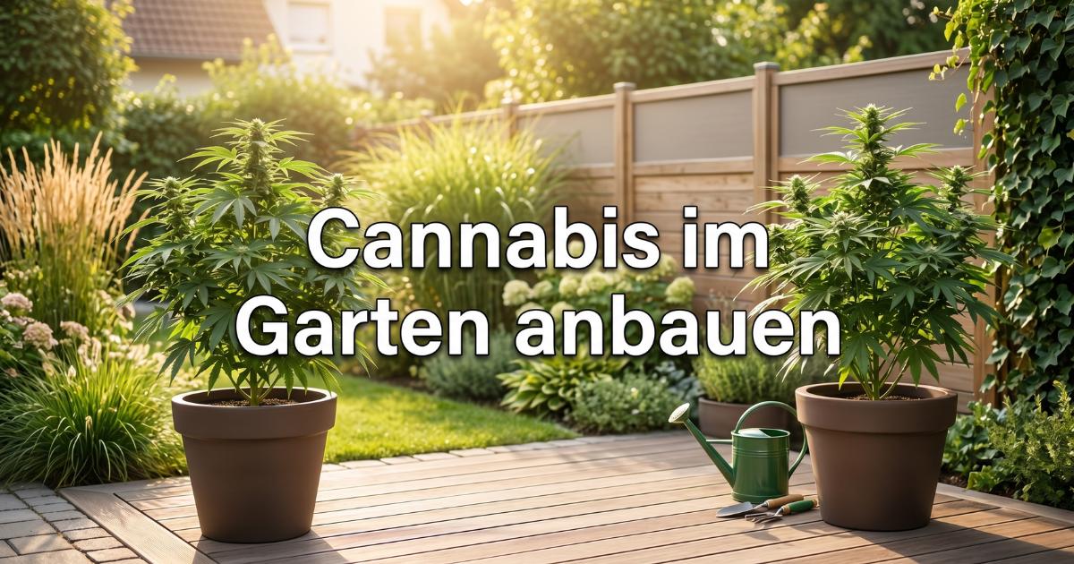 Ein gepflegtes, sonniges Blog-Titelbild mit zwei prächtigen Cannabis-Pflanzen in großen braunen Töpfen auf einer Holzterrasse im Garten und dem klar lesbaren, mittigen Schriftzug „Cannabis im Garten anbauen“.