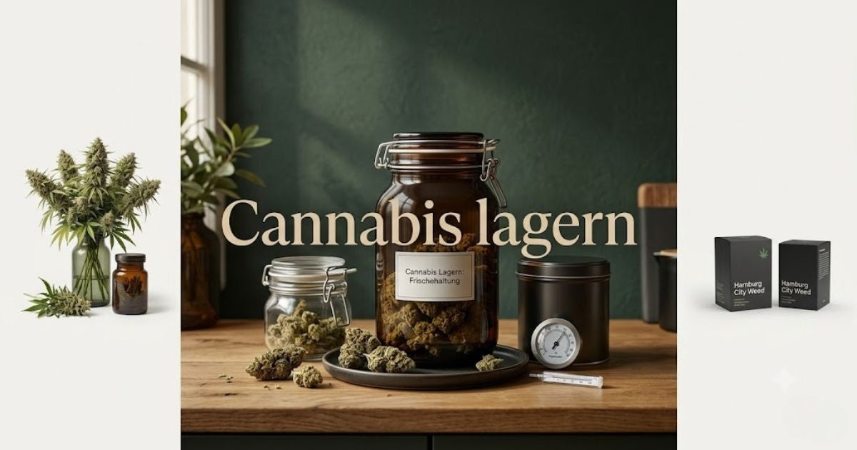 Ein hochwertiges Blog-Titelbild mit braunen und klaren Glasbehältern, getrockneten Cannabisblüten auf einem Holztisch und dem großen, mittigen Schriftzug „Cannabis lagern“.