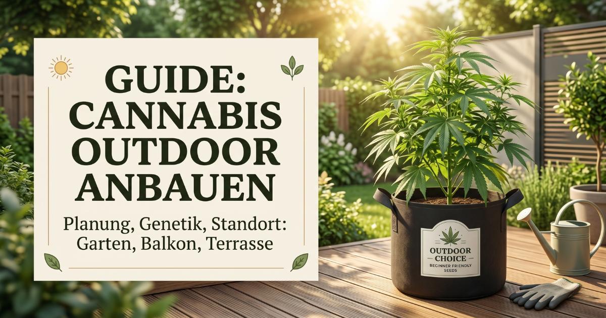 Ein helles Blog-Titelbild mit einer großen Textbox links, die den Titel „GUIDE: CANNABIS OUTDOOR ANBAUEN“ zeigt, und einer kräftigen, grünen Cannabis-Pflanze in einem Stofftopf auf einer sonnigen Holzterrasse rechts.
