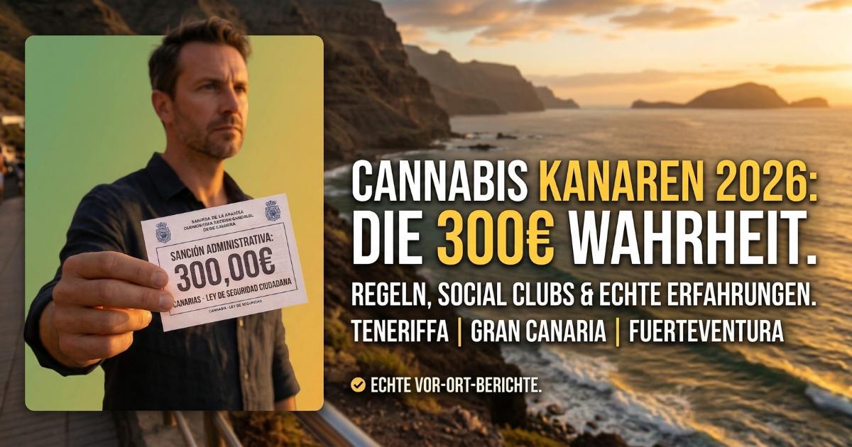Cannabis auf den Kanaren 2026. Ein Mann zeigt eine 300 Euro Strafe für den öffentlichen Konsum vor einer kanarischen Küste. Echte Erfahrungen und rechtliche Regeln zu Cannabis Social Clubs auf Gran Canaria, Teneriffa und Fuerteventura.