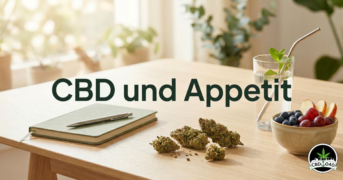 Helles, modernes Blog-Titelbild mit dem Text "CBD und Appetit". Auf einem Holzttisch liegen CBD-Blüten neben einer Schale Obst und einem Glas Wasser.
