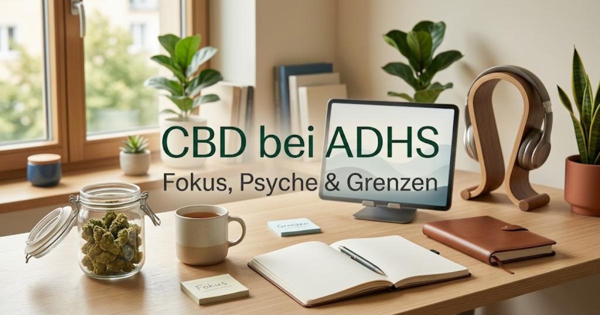 Aufgeräumter Schreibtisch mit CBD Blüten im Glas, Notizbuch und Kopfhörern für mentale Klarheit und Struktur im Alltag.