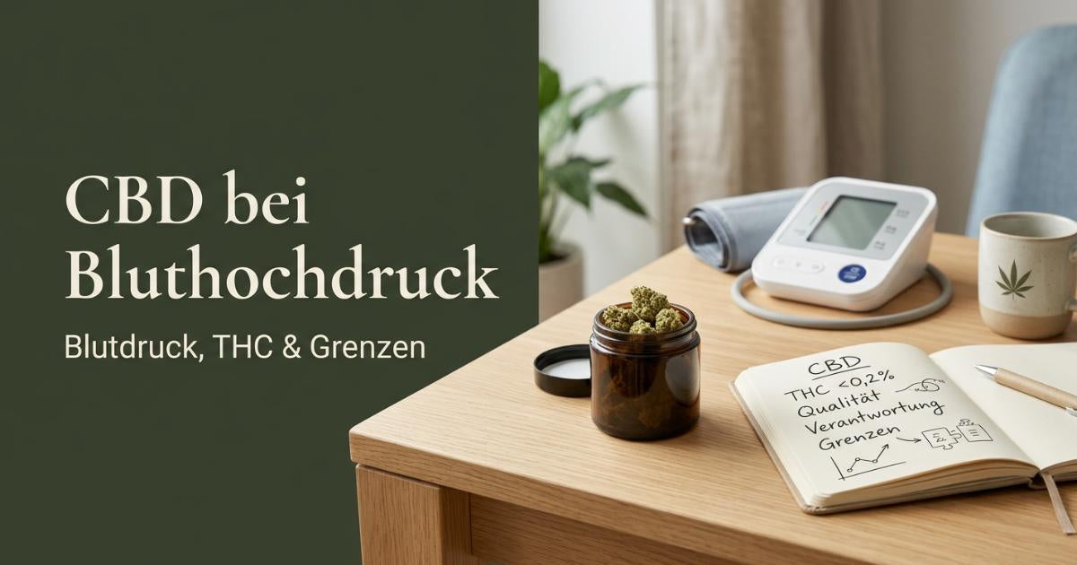 Heller Holzschreibtisch mit CBD-Blüten im Glas, einem Notizbuch mit den Notizen Qualität und Grenzen sowie einem dezent platzierten Blutdruckmessgerät im Hintergrund. Links steht der Blog-Titel „CBD bei Bluthochdruck – Blutdruck, THC & Grenzen“.