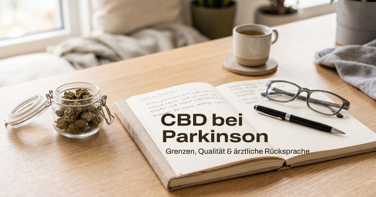 Helles, seriöses Blog-Titelbild mit dem Text „CBD bei Parkinson – Grenzen, Qualität & ärztliche Rücksprache“. Im Hintergrund ein modernes Notizbuch mit Brille, Stift und einer kleinen Glasschale mit hochwertigen CBD-Blüten.