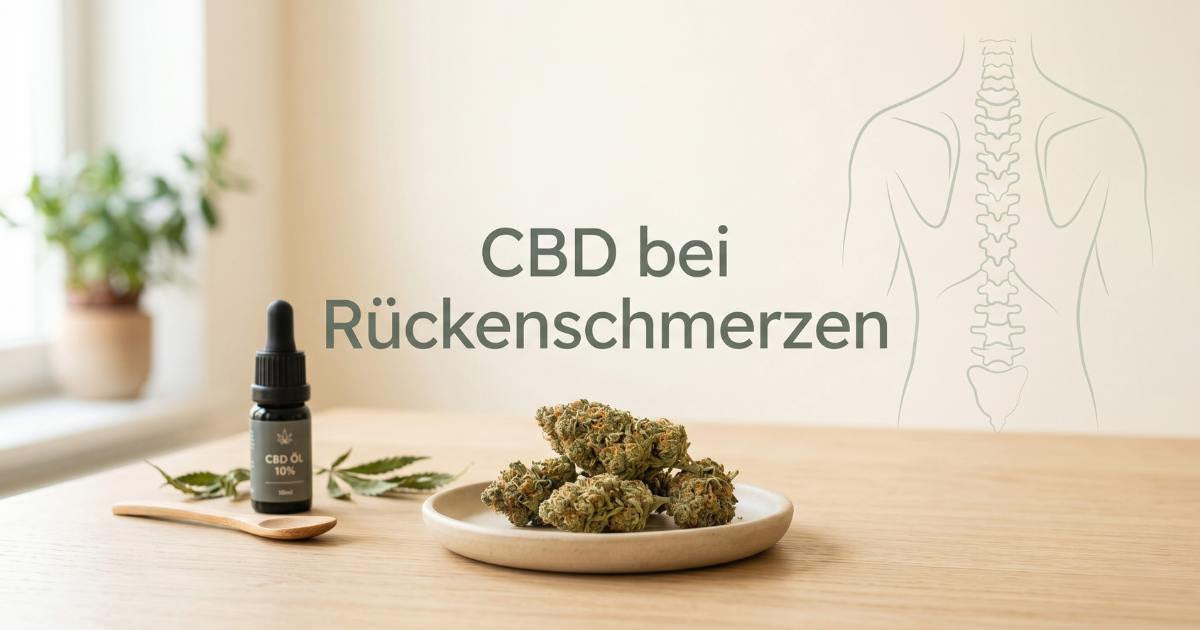 Blog-Titelbild zum Thema CBD bei Rückenschmerzen mit dem Schriftzug „CBD bei Rückenschmerzen“, einer dezenten Wirbelsäulen-Grafik und CBD-Blüten.