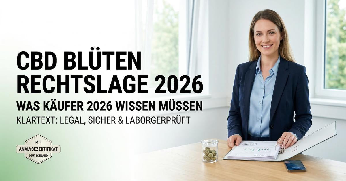 Titelbild zum Ratgeber CBD Blüten Rechtslage 2026: Expertin zeigt anhand von Analysezertifikaten, wie der legale Kauf in Deutschland funktioniert.