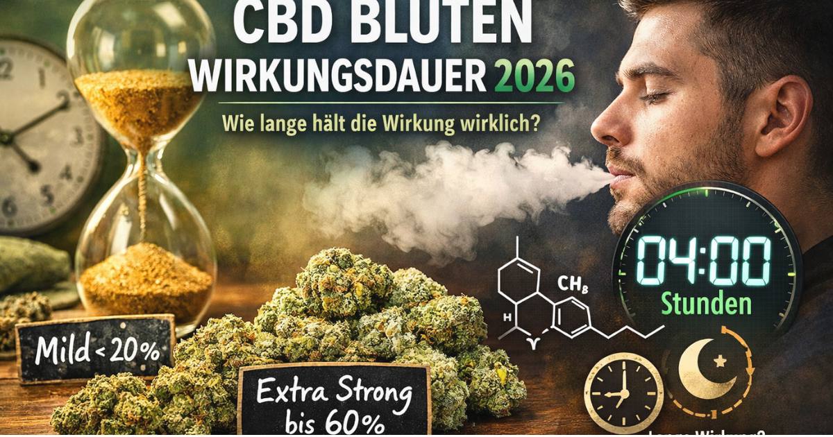 Person inhaliert CBD Blüten und misst die Wirkungsdauer mit Uhr – Vergleich milde und Extra Strong Sorten 2026