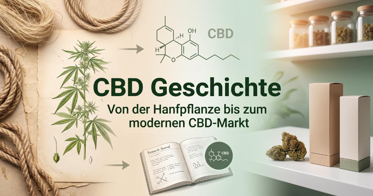 Infografik zur CBD-Geschichte: Eine visuelle Timeline von der historischen Hanfpflanze mit Seilen über die Entdeckung der Molekülstruktur bis hin zum modernen, cleanen CBD-Markt mit hochwertigen Produkten.