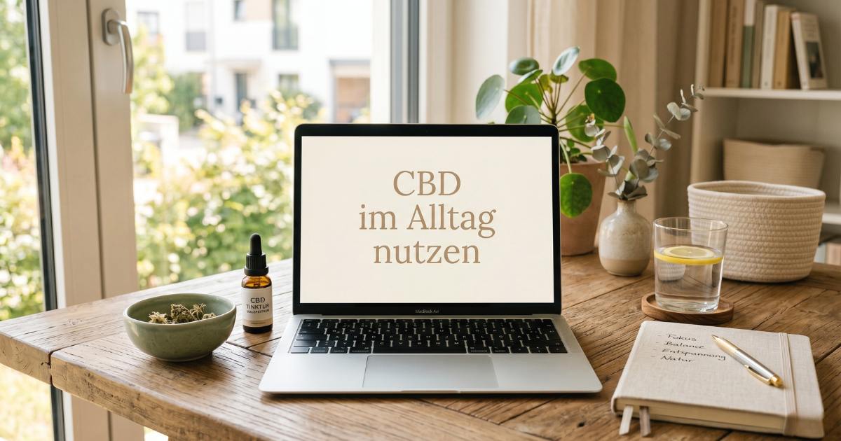 Heller, moderner Arbeitsplatz mit Laptop, Notizbuch und einer dezenten Schale CBD-Blüten – Text auf dem Bildschirm: CBD im Alltag nutzen.