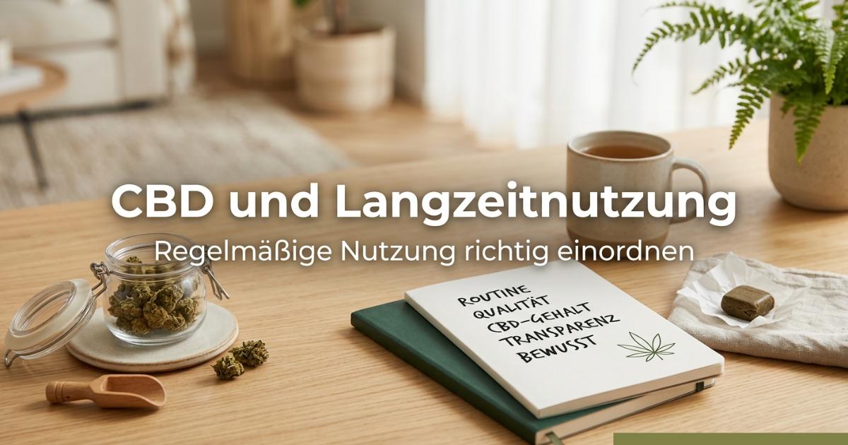 Moderne Tischszene mit hochwertigen CBD-Blüten und dem Titeltext 'CBD und Langzeitnutzung' für einen informativen Blogartikel.