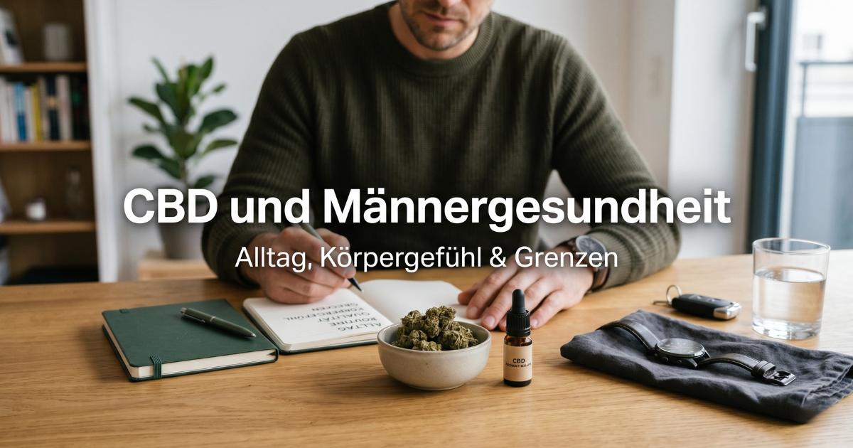 Ein moderner, maskuliner Arbeitsplatz mit CBD-Blüten, CBD-Öl und Lifestyle-Accessoires auf einem Holztisch. Mittiges Text-Overlay: CBD und Männergesundheit – Alltag, Körpergefühl & Grenzen.