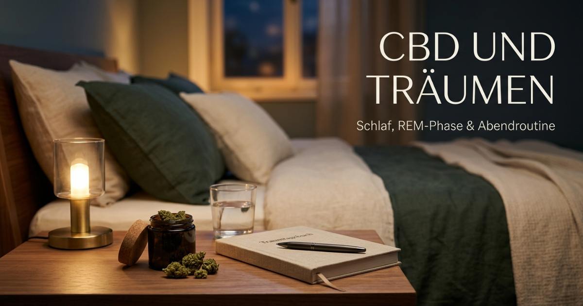 Stilvolle Abendroutine im Schlafzimmer mit hochwertigen CBD-Blüten, einem Traumtagebuch und warmem Licht für gesunden Schlaf und die REM-Phase.