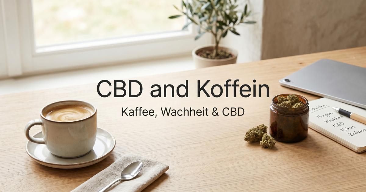 Modernes Lifestyle-Titelbild zum Thema CBD und Koffein mit einer Tasse Kaffee, CBD-Blüten im Glas und einem Notizbuch auf einem hellen Holztisch.
