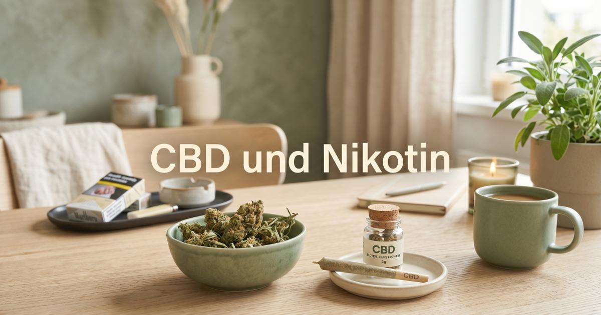 Blog-Titelbild mit dem Text 'CBD und Nikotin': Eine helle, moderne Tischszene mit hochwertigen CBD-Blüten und einem Pre-Roll in einer cleanen Umgebung im Salbeigrün- und Beige-Stil.