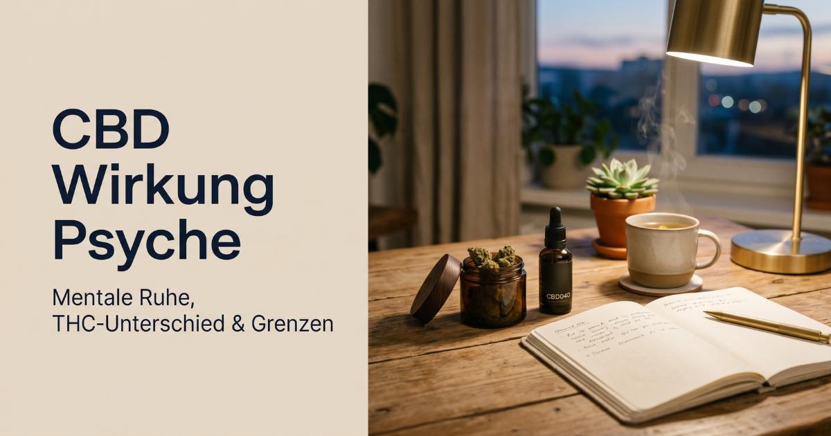Premium-Blog-Titelbild zum Thema CBD Wirkung auf die Psyche: Ein stilvoller Schreibtisch im warmen Abendlicht mit Notizbuch, Tee und CBD-Öl für eine bewusste Abendroutine und mentale Ruhe.