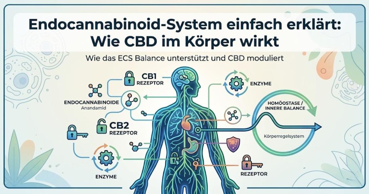 Eine medizinische Infografik des menschlichen Körpers zur Erklärung des Endocannabinoid-Systems (ECS) mit CB1- und CB2-Rezeptoren, Enzymen und der Textüberschrift 'Endocannabinoid-System einfach erklärt'.