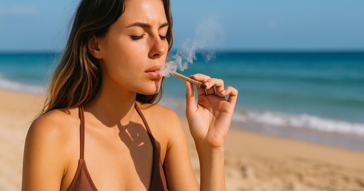Frau raucht einen Joint am Strand, Reisen mit Cannabis in 2025
